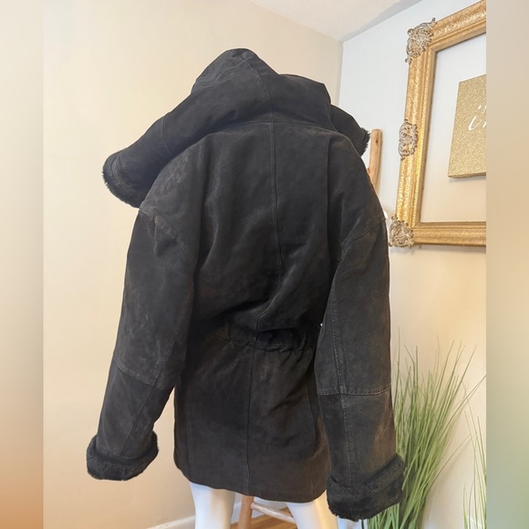 Wilsons Leather Jacket Black Suede Faux Vegan Fur Trim Vintage Retro 90’s Large - Picture 4 of 9